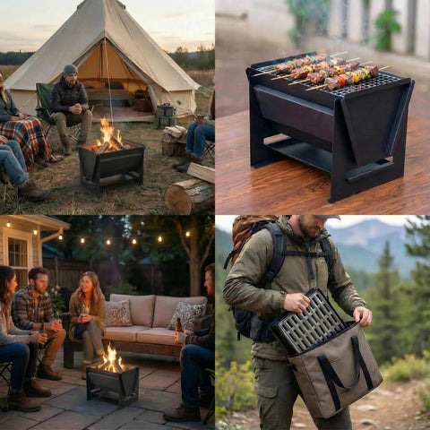 Collage of Compact Foldable Charcoal Grill For 1 To 2 People, tabletop use for camping, backyard, and picnics, showcasing easy portability.