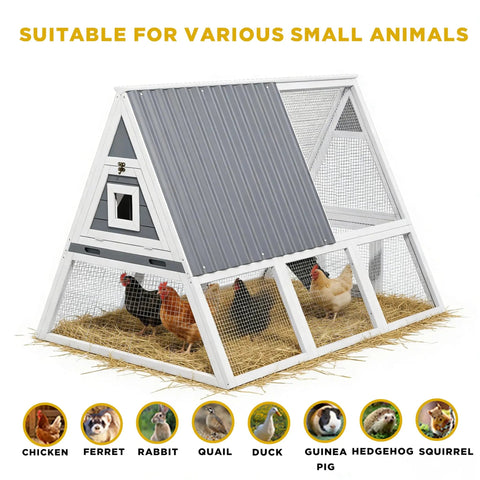 Large Triangle Chicken Coop With Run For 4-6 Chickens, Wooden A-Frame Hen House With Nesting Boxes, Ramp And Removable Tray