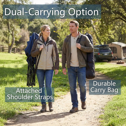 Two people carrying Big And Tall Rocking Camping Chair With 400 Lb Capacity in carry bags, walking on a trail