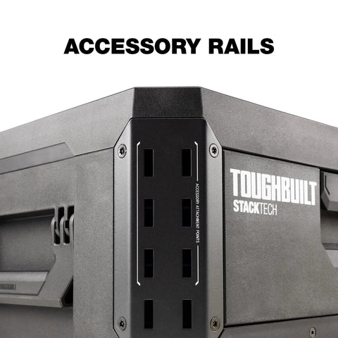 Corner view of StackTech 1 Drawer Tool Box With Auto Latching Drawers, showing accessory rails and black finish.