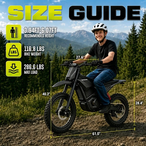 Heavy Duty Off Road Electric Dirt Bike With A Beast Mode 60V 30Ah Battery And 6000W Peak Motor size guide with dimensions and weight.
