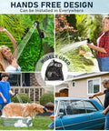 Rechargeable Camping Shower With 8000mAh Battery, 5 Speed Settings And 4 Spray Modes, LED Display, IPX8 Waterproof Outdoor Shower Kit showing hands-free design and various uses including pet and car washing, gardening, and personal bathing.