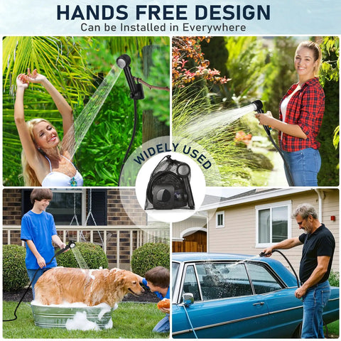 Rechargeable Camping Shower With 8000mAh Battery, 5 Speed Settings And 4 Spray Modes, LED Display, IPX8 Waterproof Outdoor Shower Kit showing hands-free design and various uses including pet and car washing, gardening, and personal bathing.
