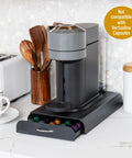 Compact Single Serve Coffee Capsule Drawer Organizer Holds 50 Small Pods Upright With Flat Base, Black, on kitchen counter
