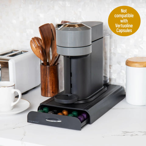 Compact Single Serve Coffee Capsule Drawer Organizer Holds 50 Small Pods Upright With Flat Base, Black, on kitchen counter