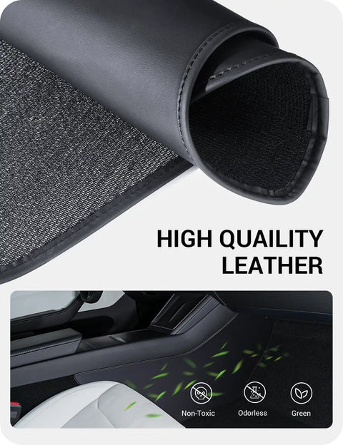 Juniper Center Console Side Anti Kick Mats for Tesla Model Y 2025 2026 Refresh showing high-quality leather close-up