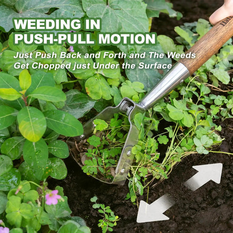 16.8 Inch Stirrup Hoe For Precise Raised Bed Weeding, Oscillating Push Pull Hula Hoe In Stainless Steel For Between Plants in use