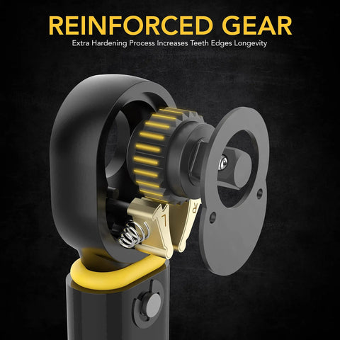 Close-up of reinforced gear in Pro Grade Inch Pound Torque Wrench One Quarter Inch Drive Twenty To Two Hundred InLb And Two Point Twenty Six To Twenty Two Point Six Nm Calibrated Tool With Traceable Serial Number And Certificate Built Tough For Auto And DIY.