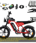 Powerful Fat Tire Electric Bike For Adults With Rack Moped Style E Bike 48V 25Ah Battery 20 By 4 Inch Fat Tires NFC Unlock Big Color LCD 750W Motor 2000W Peak UL 2849 Certified Red with accessories and rear rack.