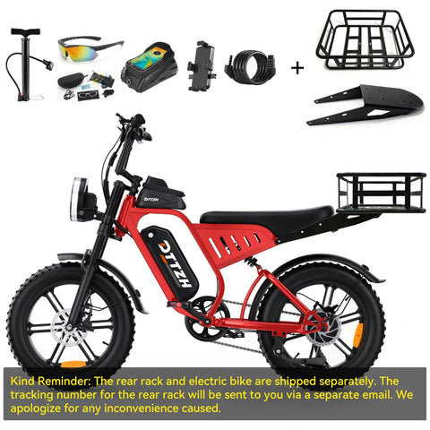 Powerful Fat Tire Electric Bike For Adults With Rack Moped Style E Bike 48V 25Ah Battery 20 By 4 Inch Fat Tires NFC Unlock Big Color LCD 750W Motor 2000W Peak UL 2849 Certified Red with accessories and rear rack.