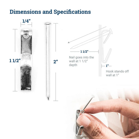 Heavy Duty Picture Hooks For Walls With 50 Lb Capacity Durable Drywall Hangers And Nails, dimensions and specifications shown