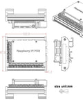Technical drawing of DIN Rail Mount Screw Terminal Block Adapter Module for Raspberry Pi A Plus B Plus 2B 3B 3B Plus 4B Zero Zero W Version 1.2 Upgrade including dimensions.
