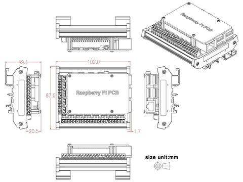 Technical drawing of DIN Rail Mount Screw Terminal Block Adapter Module for Raspberry Pi A Plus B Plus 2B 3B 3B Plus 4B Zero Zero W Version 1.2 Upgrade including dimensions.