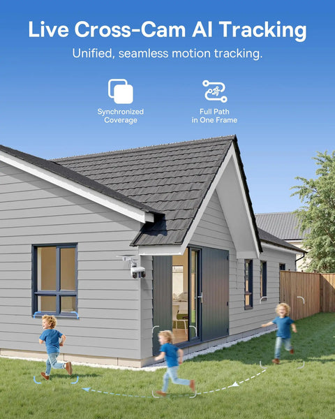 Solar Powered Outdoor Security Cam With Dual 3K AI Lenses on house, tracking child with motion path, no subscription needed