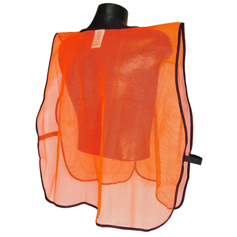 Built Tough Job Site Ready High Viz Orange Mesh Safety Vest Universal Fit Hook And Loop Closure displayed on a mannequin.