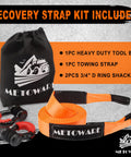 Heavy Duty Tow Strap Recovery Kit with orange 3in x 20ft strap, 35000 lb strength, D-ring shackles, and storage bag visible.