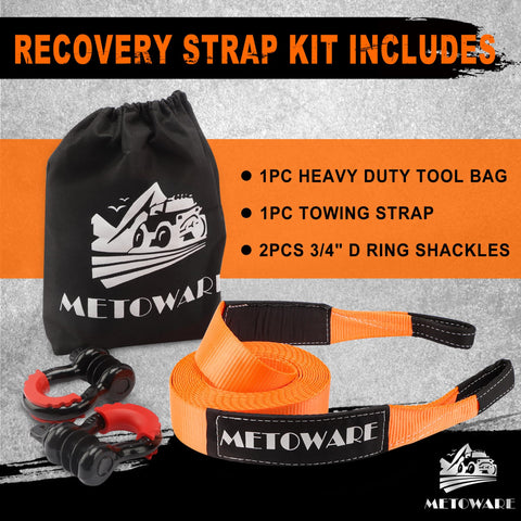 Heavy Duty Tow Strap Recovery Kit with orange 3in x 20ft strap, 35000 lb strength, D-ring shackles, and storage bag visible.