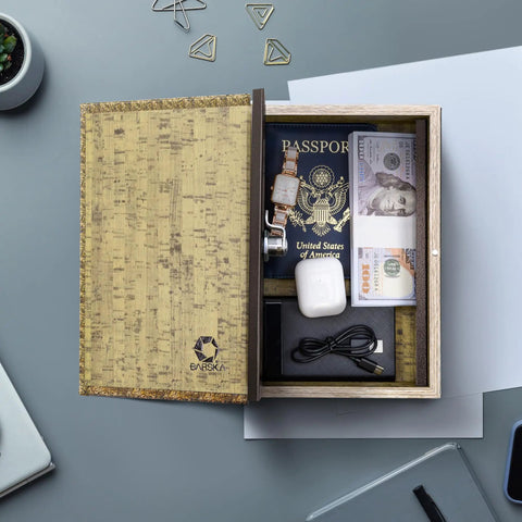 Antique Map Book Safe With Key Lock And Hidden Diversion Magnetic Closure Stash Ready Steel Compartment For Cash Jewelry Valuables Discreet On Shelf Security Safe For Home Or Office showing open compartment with passports and valuables inside