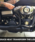 Motorcycle engine with Exhaust Heat Wrap Kit 2 Inch 16 Foot High Temp Fiberglass Header Wrap applied