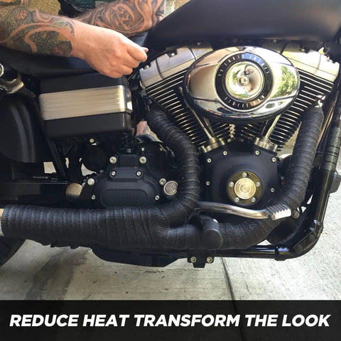 Motorcycle engine with Exhaust Heat Wrap Kit 2 Inch 16 Foot High Temp Fiberglass Header Wrap applied
