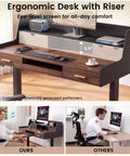 Built Tough 55 Inch Electric Adjustable Standing Desk Featuring Five Roomy Storage Drawers And Raised Monitor Platform Smooth Glide Motor Custom Memory Buttons Boss Home Office Setup with ergonomic design and storage.