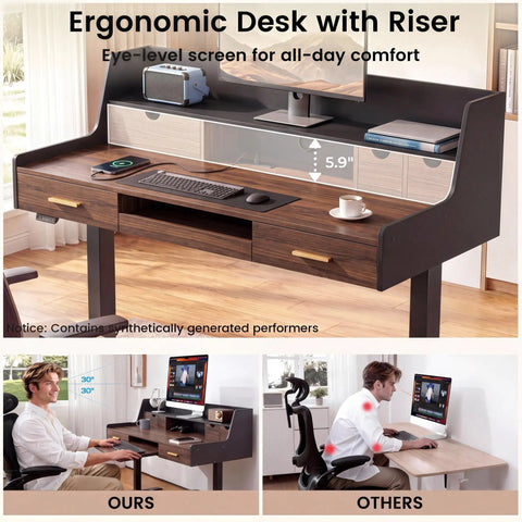 Built Tough 55 Inch Electric Adjustable Standing Desk Featuring Five Roomy Storage Drawers And Raised Monitor Platform Smooth Glide Motor Custom Memory Buttons Boss Home Office Setup with ergonomic design and storage.
