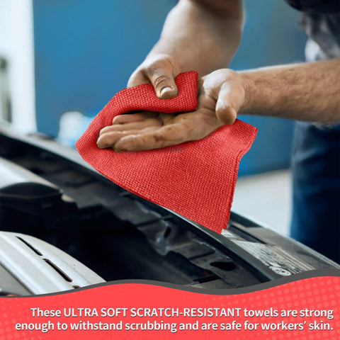 Hand wiping car engine with Bulk 100 Pack Microfiber Shop Towels 11.5 By 11.5 Inches Red Lint Free Non Scratch Paint Safe Cleaning Rags