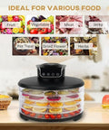 Killer Speed Food Dehydrator With Five Adjustable Bpa Free Trays displaying fresh fruits and vegetables on the counter.