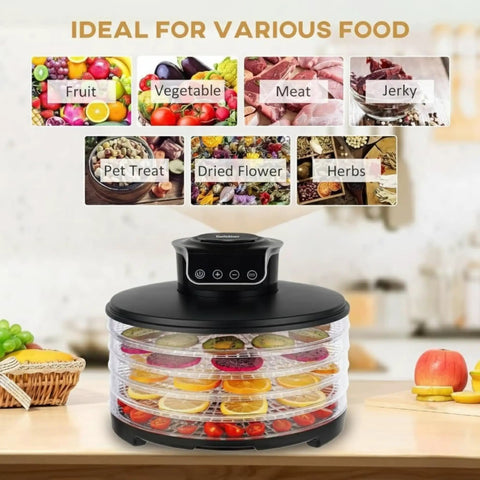 Killer Speed Food Dehydrator With Five Adjustable Bpa Free Trays displaying fresh fruits and vegetables on the counter.