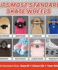 Image of various skateboards and skates showing compatibility for Precision 608 Skateboard Bearings With Red Rubber Seals Roll Clean On Rough Asphalt High Load Cage Takes Gnarly Landings Smooth As Butter Built Tough For Street Sessions Eight Pack.