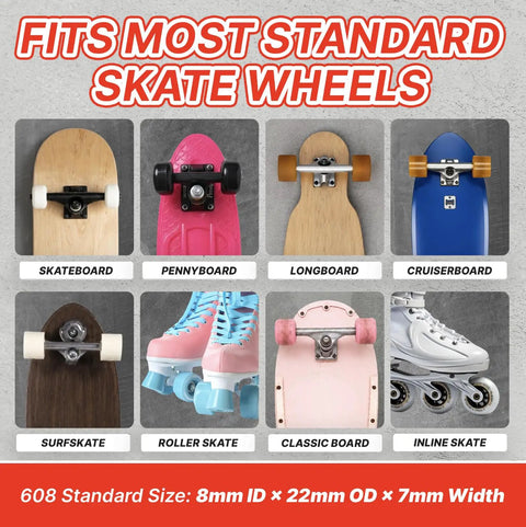 Image of various skateboards and skates showing compatibility for Precision 608 Skateboard Bearings With Red Rubber Seals Roll Clean On Rough Asphalt High Load Cage Takes Gnarly Landings Smooth As Butter Built Tough For Street Sessions Eight Pack.
