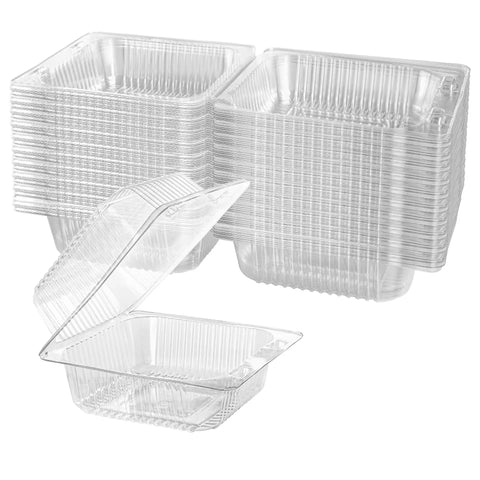 Clear Plastic Hinged Takeout Clamshell Containers, 50 Pack, See-Through Cake Slice Boxes open and stacked