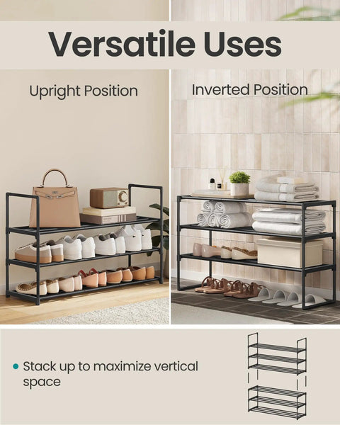Solid As A Rock Heavy Duty Stackable Metal Shoe Rack Hosting Roomy Three Tier Layout For Messy Entryways Or Busy Mudrooms Flip It Upside Down For Sneaker Friendly Under Storage Total Organization Hack