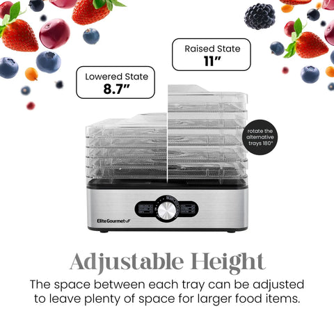Kitchen Workhorse Food Dehydrator Featuring Durable Stainless Steel Trays And Adjustable Temperature Dials, showcasing adjustable tray heights.