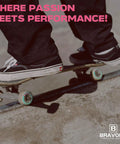Skateboarder performing a trick using blue 54mm by 32mm 100A skateboard wheels for street and bowl tricks and stable rolling