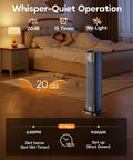 Indoor And Outdoor 1500W Tower Heater And Fan Combo with Remote in bedroom, showing whisper-quiet operation and night settings.