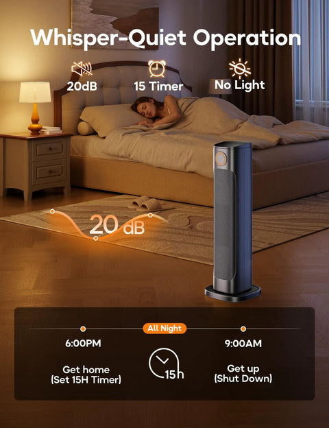 Indoor And Outdoor 1500W Tower Heater And Fan Combo with Remote in bedroom, showing whisper-quiet operation and night settings.