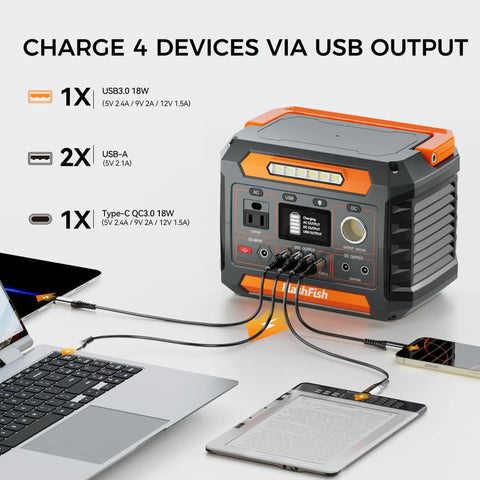 Portable Power Station 230Wh with 300W continuous power charging devices via USB outputs, ideal for camping and emergencies.