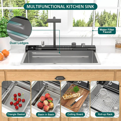 Slick Smart Waterfall 30 Inch Drop In Kitchen Sink With Single Bowl, 16 Gauge 304 Stainless Steel Workstation with accessories