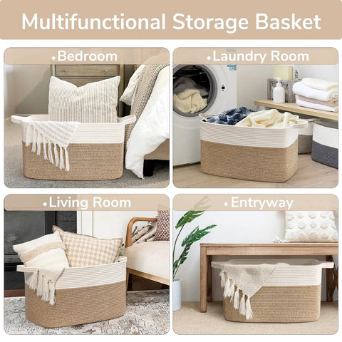 Oversized Woven Blanket Storage Basket, 21.6 Inch Long By 14.9 Inch Wide By 11.8 Inch High, 75L Capacity, in bedroom and laundry room.
