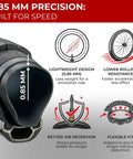 Cross-section of bike inner tube highlighting 0.85mm precision, lower rolling resistance, and better air retention features.