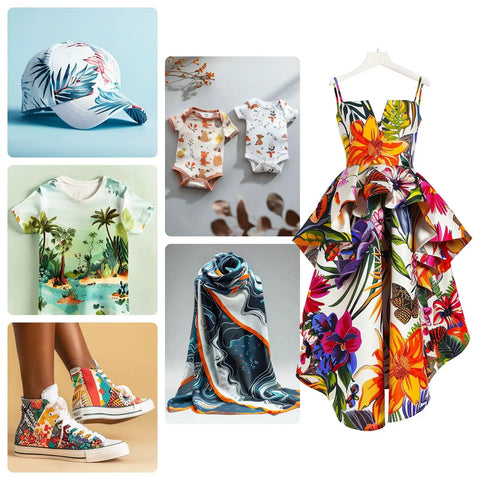 Collage of clothing and accessories with tropical prints, including a hat, sneakers, dress, and shirts for vibrant fashion looks.