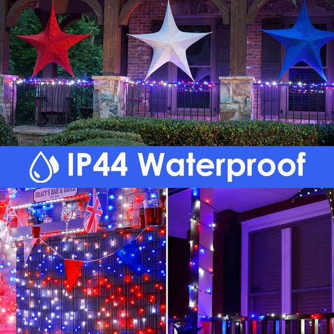 Patriotic 200 LED Red White Blue String Lights Indoor Outdoor 75.8 Ft Extendable Green Wire Waterproof Mini Lights