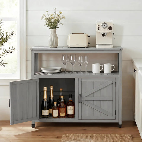 Wooden Patio Bar Table With Storage And Cedar Outdoor Buffet Cabinet Sideboard Serving Station With Double Layer Tabletop 42 Inch By 18 Inch For Patio Deck Backyard Indoor Use Durable Outdoor Bar Console For Entertaining with open cabinet showing bottles and a countertop with glasses, cups, and appliances.