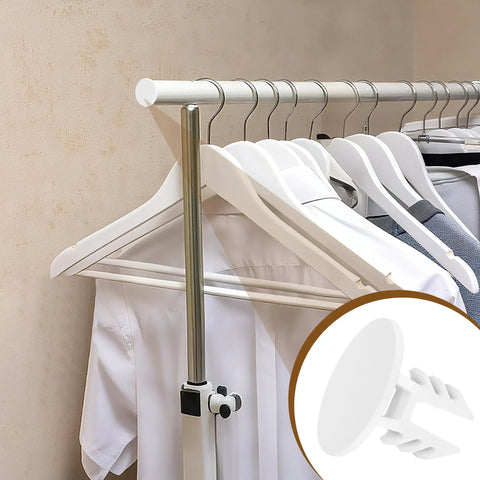 Image of closet rod with hangers showing 12 Pack Closet Rod End Caps White Wear Resistant For Home Bedroom Living Room Curtain Bracket Accessories.