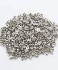 Rock Solid M3x5mm Flat Head Phillips Screws 100 Pack For 2.5 Inch SSD And Hard Drives, nickel plated alloy steel screws in a pile.