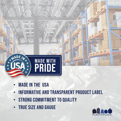 Made in the USA label showcasing quality commitment in a warehouse setting with product shelves.