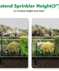 Flexible Sprinkler System With Metal Spike Base for above ground, showing 5-inch riser height adjustment for flower beds and plants.