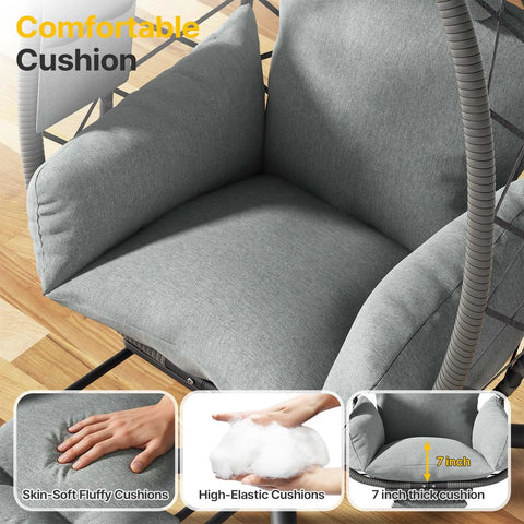 Close-up of grey cushion on Hanging Egg Chair With Adjustable Footrest And Stand For Indoor And Outdoor Use Wicker Swing Chair With Cushion Supports Up To 330 Lbs Cozy Chill Lounge For Patio Bedroom Garden In Grey