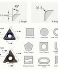 Front view of 45-degree pneumatic chamfering tool insert with C and R angle diagrams
